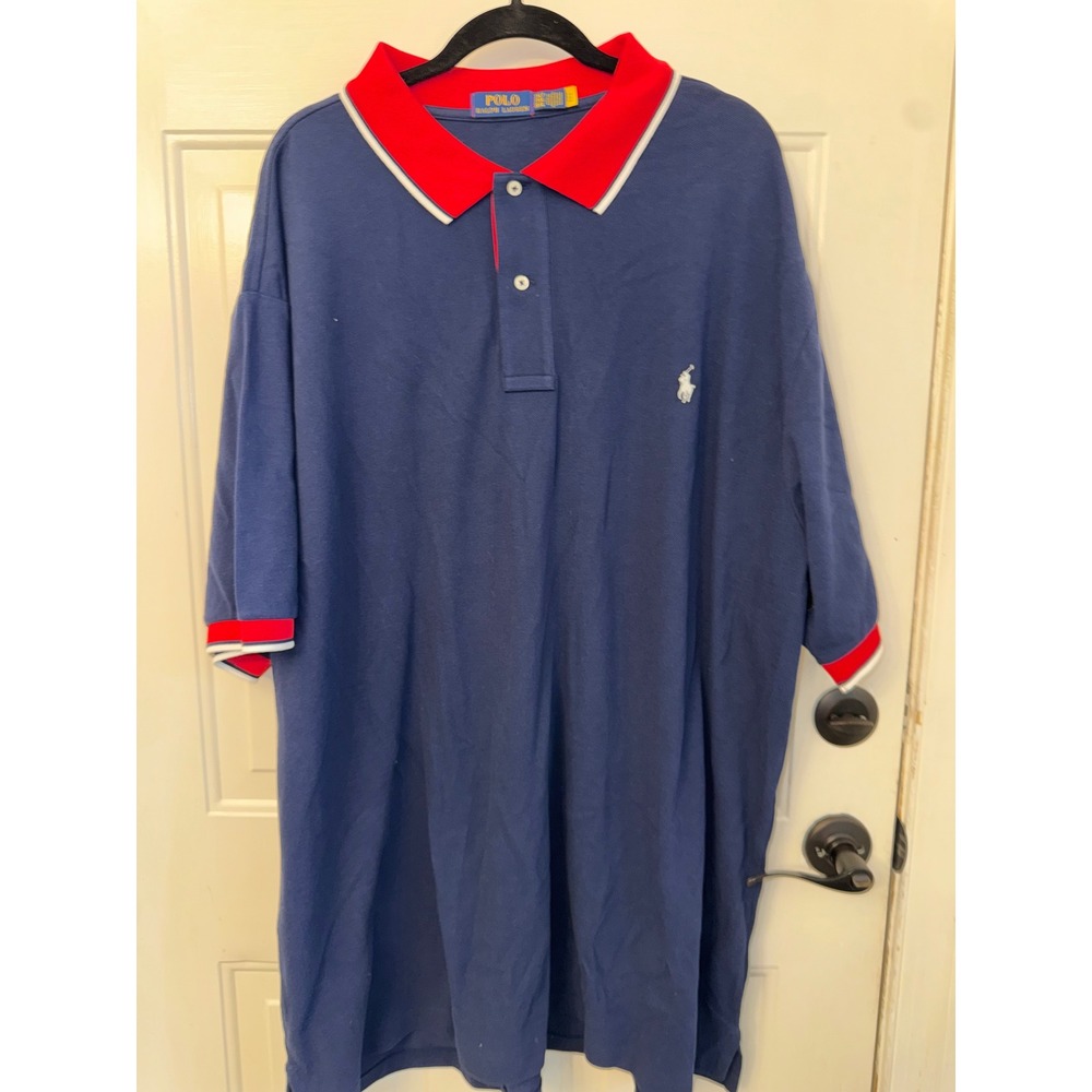Polo Ralph Lauren Mens 3XLT Navy Blue Red Contrast Collar Pique Polo Shirt Logo